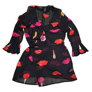 Gideon Oberson Black 100% silk beachwear robe cover up Large A004701